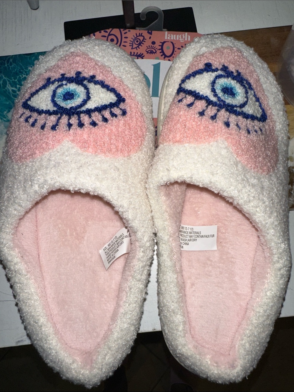 lola Pink and White Eye-Embroidered Cozy Slippers